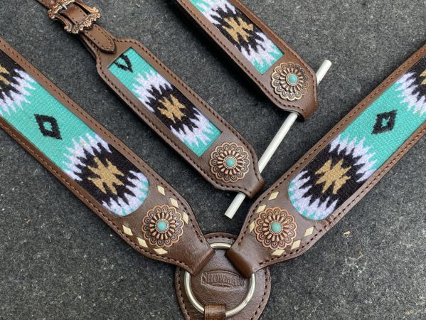 Showman Browband Headstall &amp; Breast collar set with wool southwest blanket inlay and white buckstitch accents #3